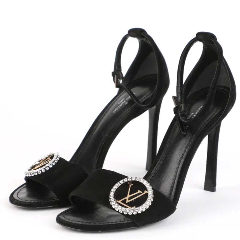 Louis Vuitton Crystal Logo Cherie suede black sandal heels RETAIL 1500